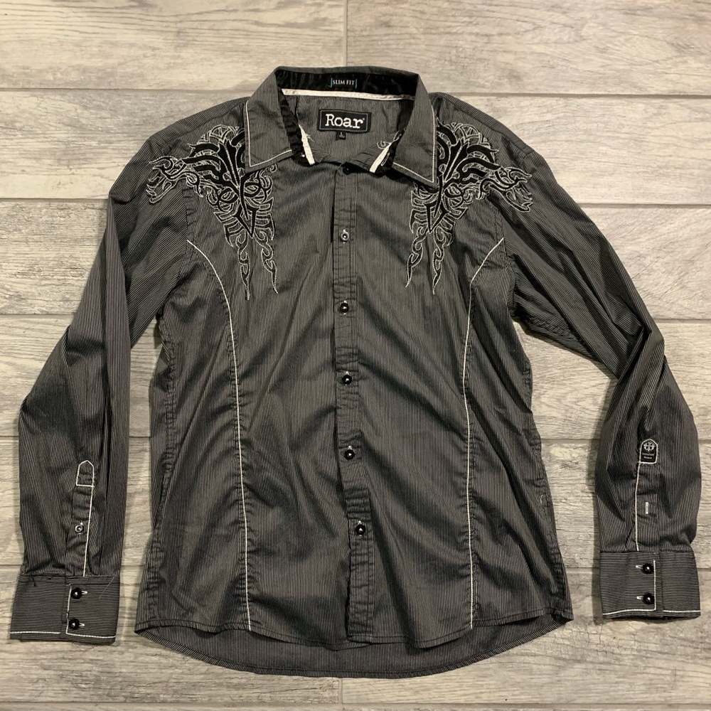 Roar Mens Shirt Size Large Button Up Gray Signature Slim Fit Angel Wings Western
